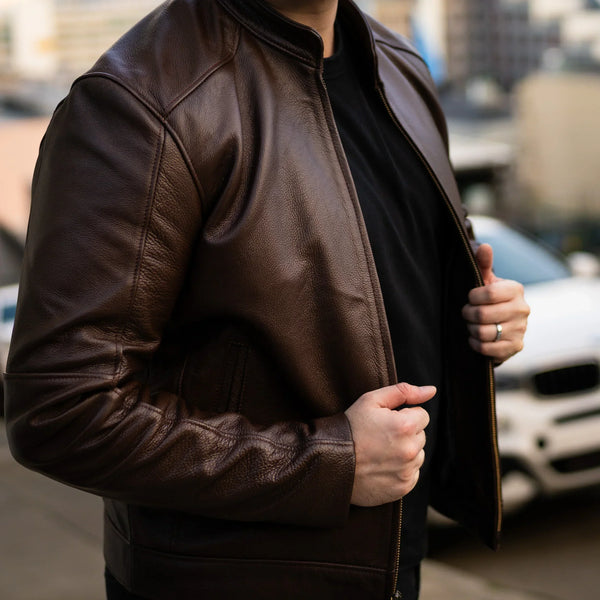 Street style outfit featuring premium sheepskin Sierra leather jacket.