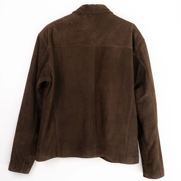 Luxury Valle leather jacket back view photographed on white background.