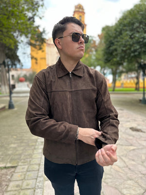 Close-up of Valle Nubuck Leather Jacket texture – luxurious, durable Nubuck leather with a refined finish, crafted in Mexico by Miranda Artisan Leather.