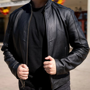 Close-up of Pedregal leather jacket’s sheepskin grain.