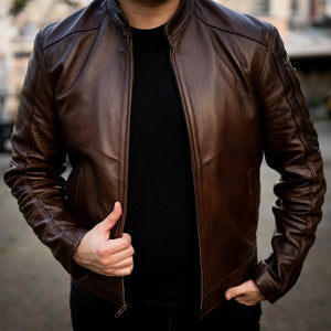 Stylish men’s outfit with Sierra leather jacket, modeled in city streets.