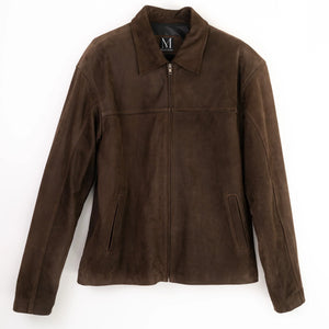 Valle men’s Nubuck jacket, handcrafted in Mexico, white backdrop.